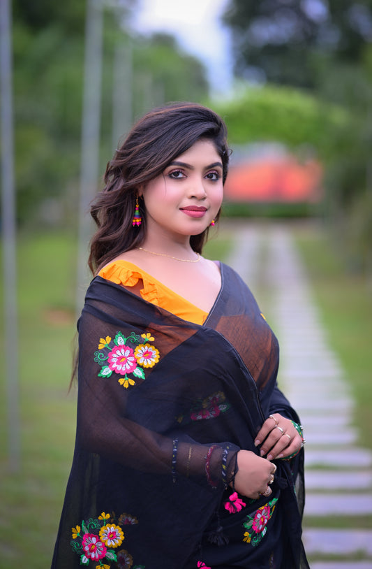 Black Floral Embroidered Mull Cotton Saree (Blouse Not Included)