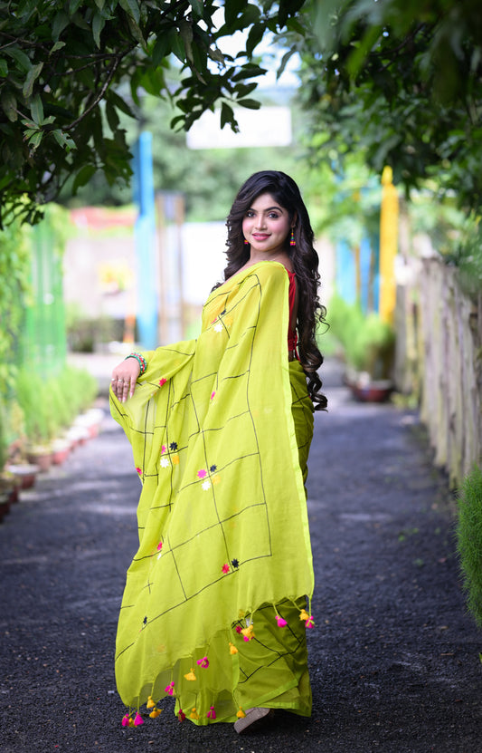 Elegant Lime Green Mull Cotton Saree with Handwoven Detailing | Blouse Piece Not Included