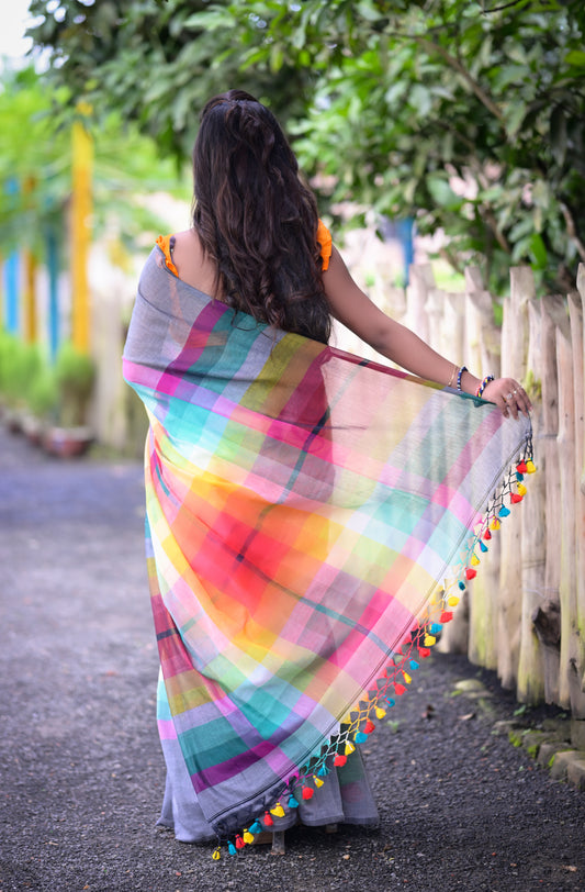 Rainbow Striped Mull Cotton Saree with Tassel Border | Blouse Piece Not Included