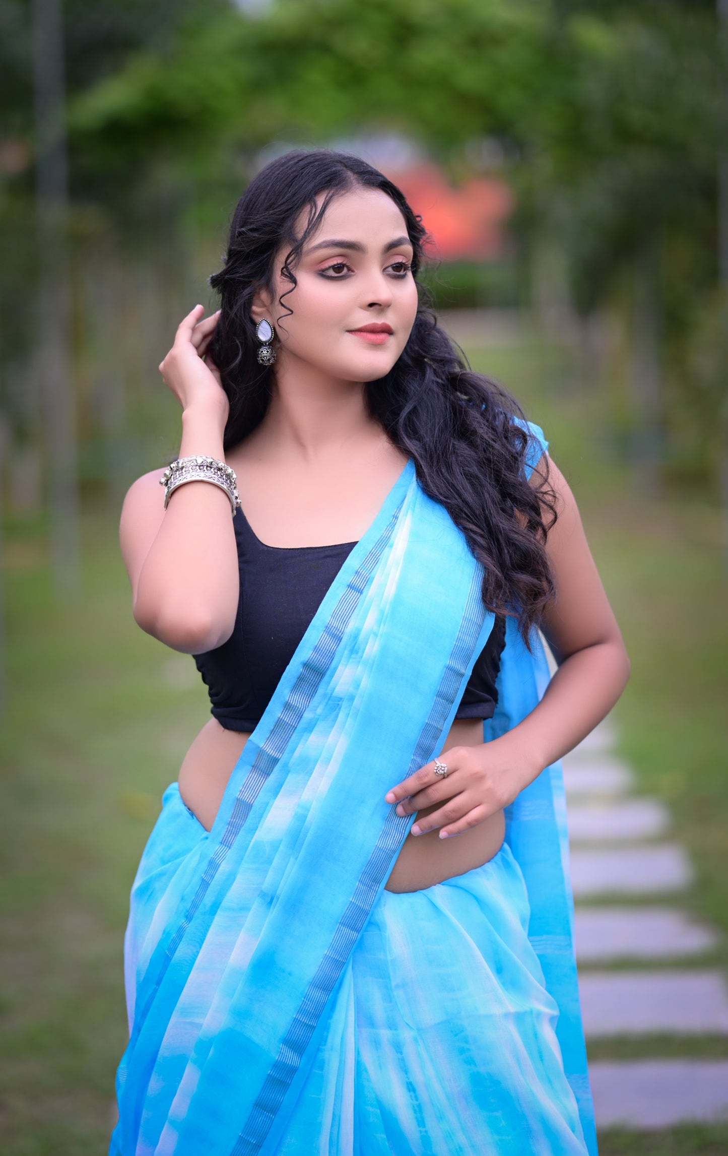 Sky Blue Tie-Dye Mull Cotton Saree with Matching Blouse