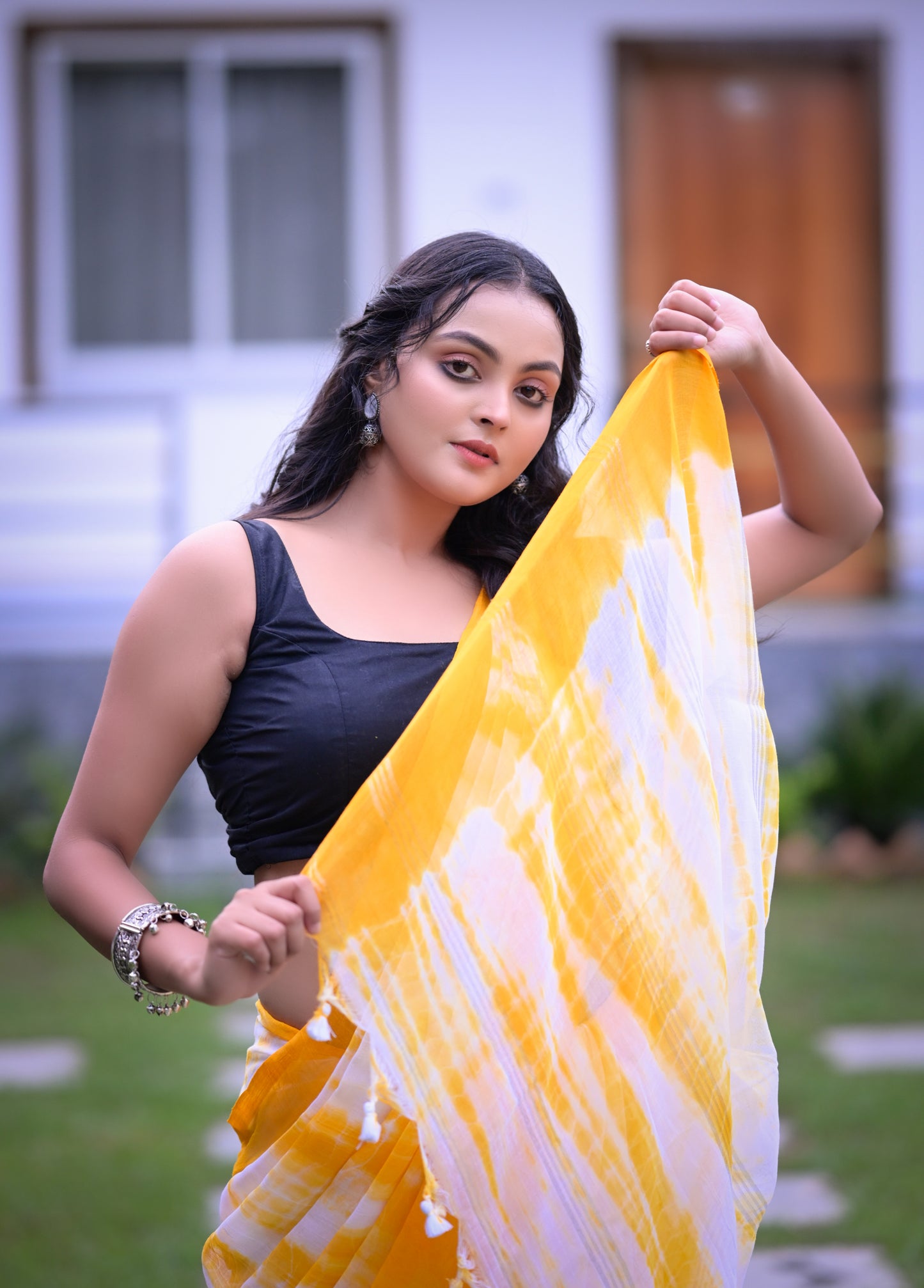 Sunshine Yellow & White Tie-Dye Mull Cotton Saree with Blouse