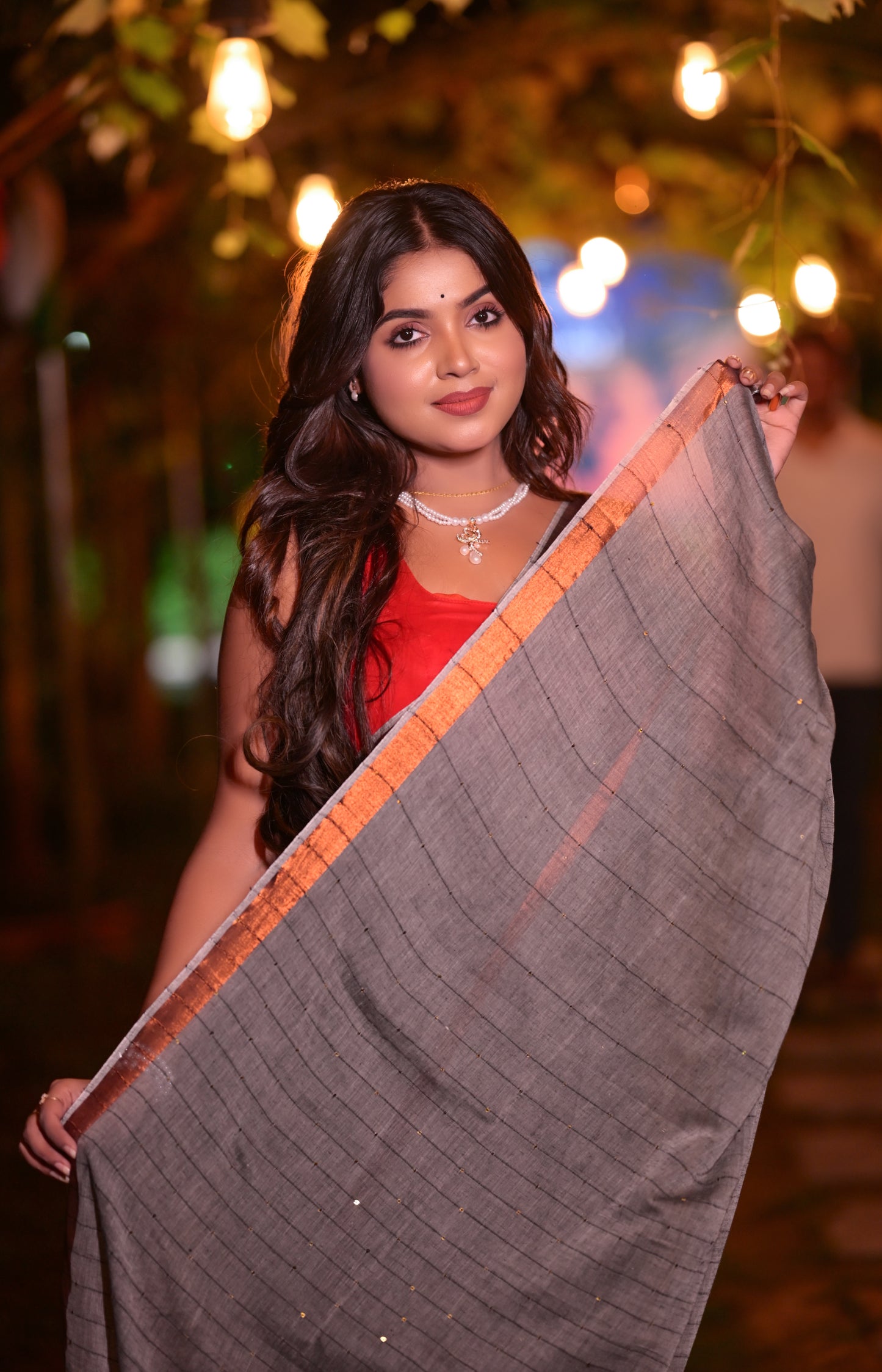 Sophisticated Grey Mull Cotton Saree with Copper Border & Blouse