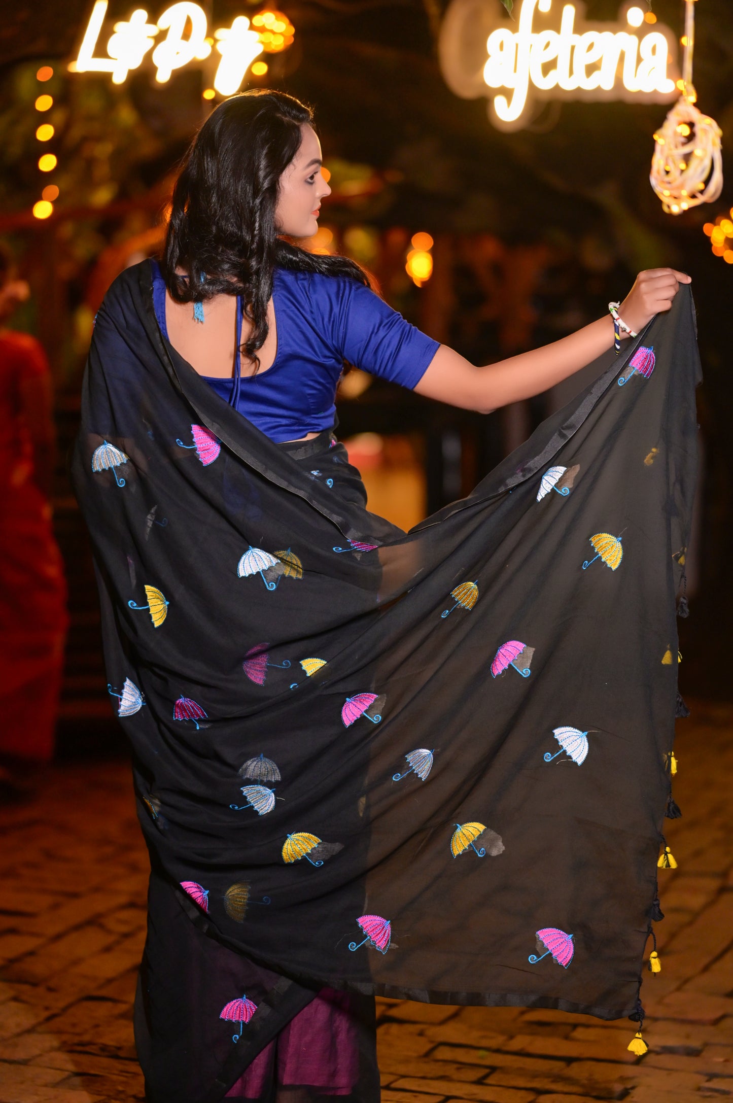 Graceful Black Mull Cotton Saree with Multicolor Umbrella Embroidery – Lightweight Handwoven Saree