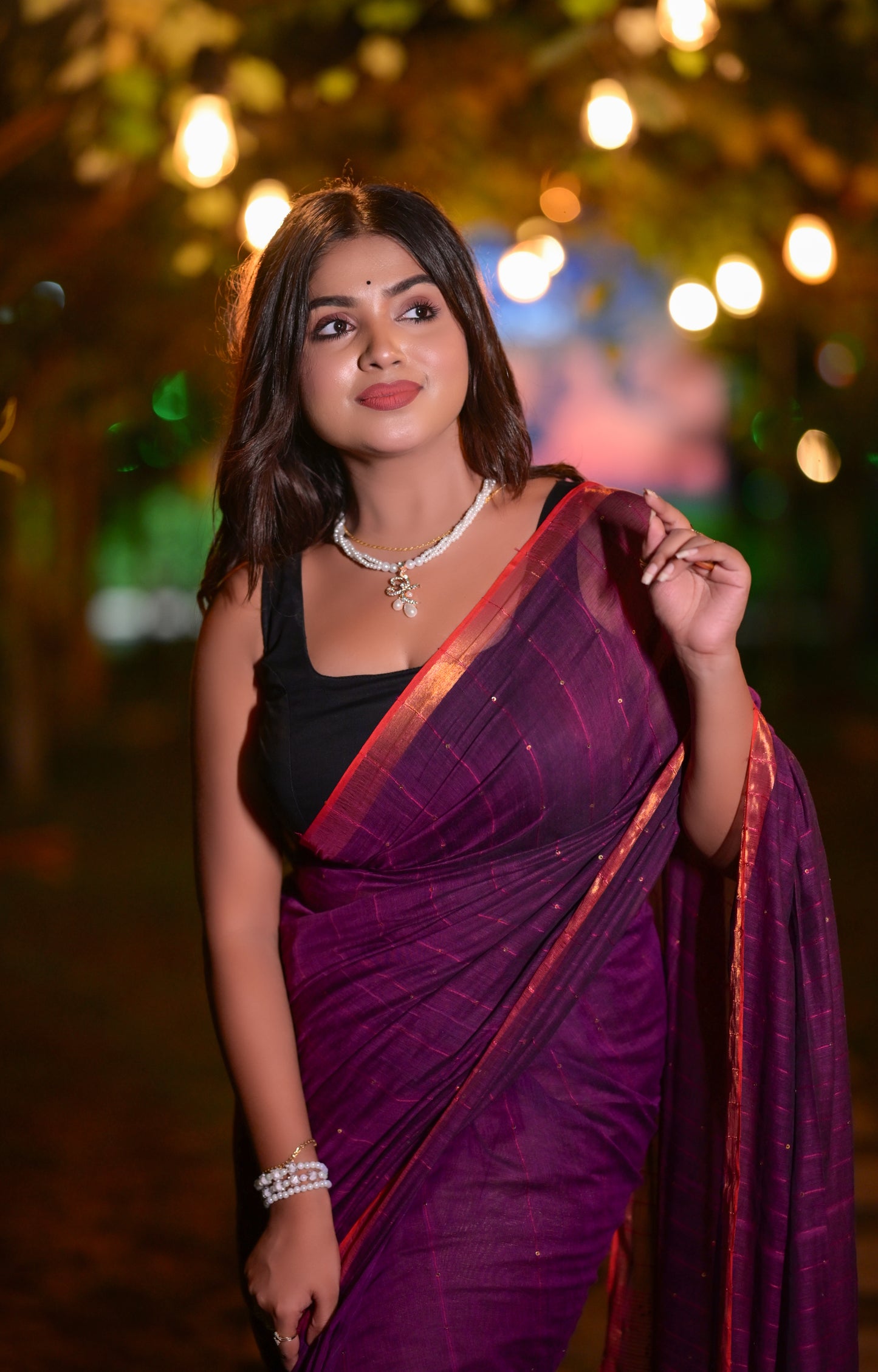 Royal Purple Mull Cotton Saree with Copper Border & Blouse