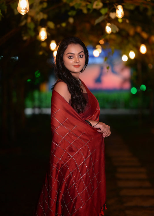 Classic Maroon Khadi Cotton Saree with Silver Check Pattern & Matching Blouse Piece