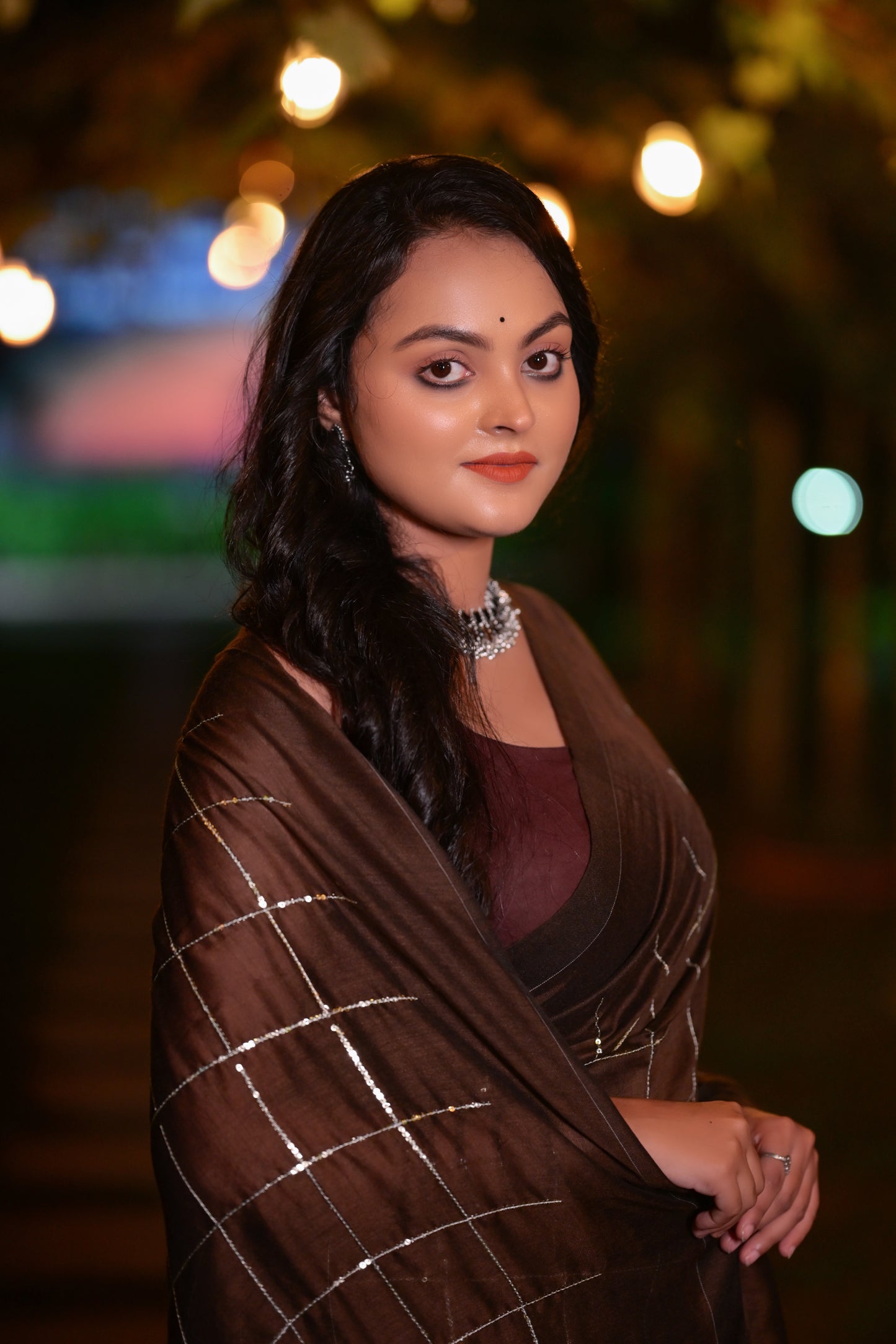 Elegant Brown Khadi Cotton Saree with Silver Check Design & Matching Blouse Piece