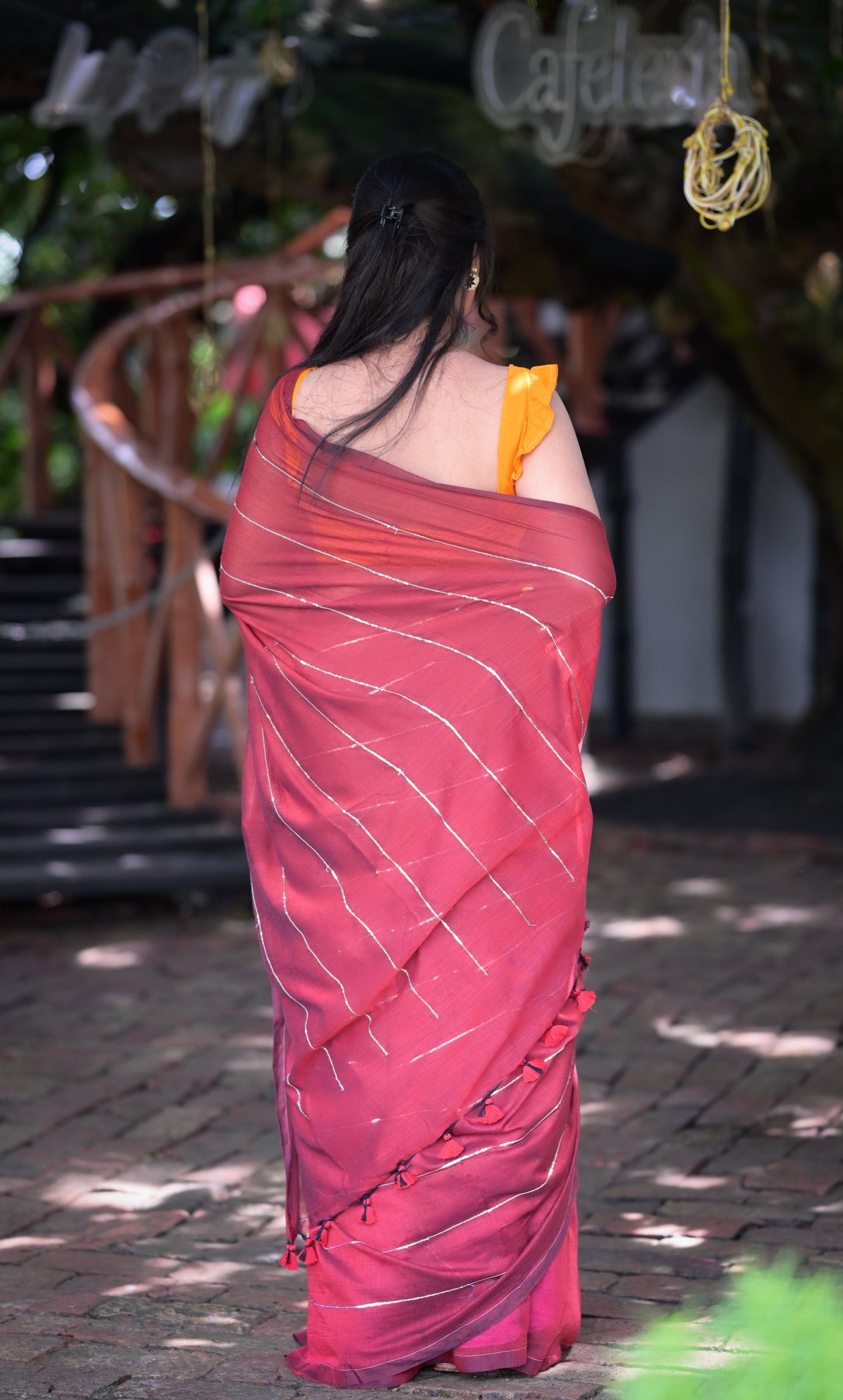 Stylish Maroon Mull Cotton Saree with Silver Stripes – Blouse Not Included