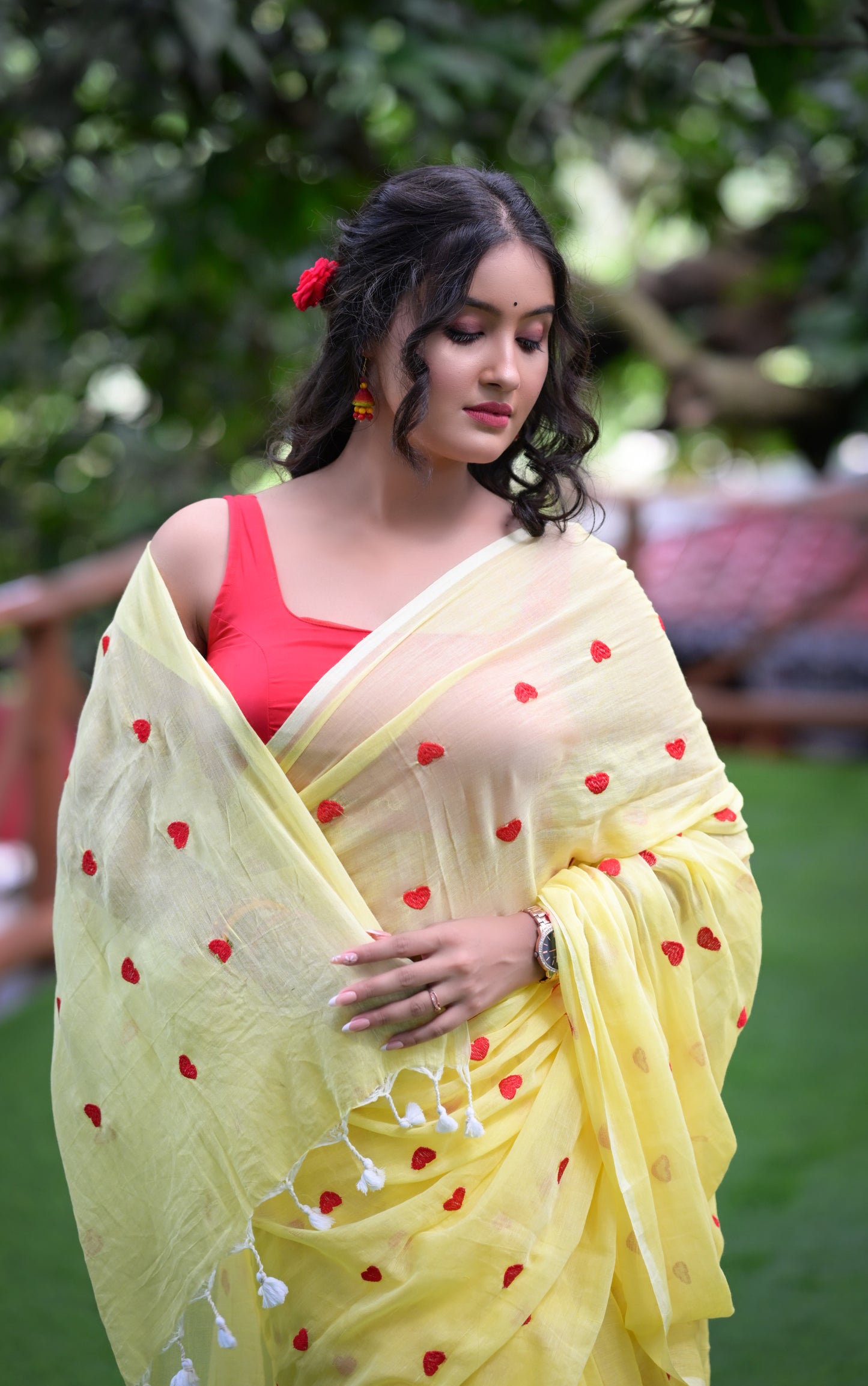 Yellow Mull Cotton Saree with Red Heart Design – Soft & Lightweight (Blouse Not Included)