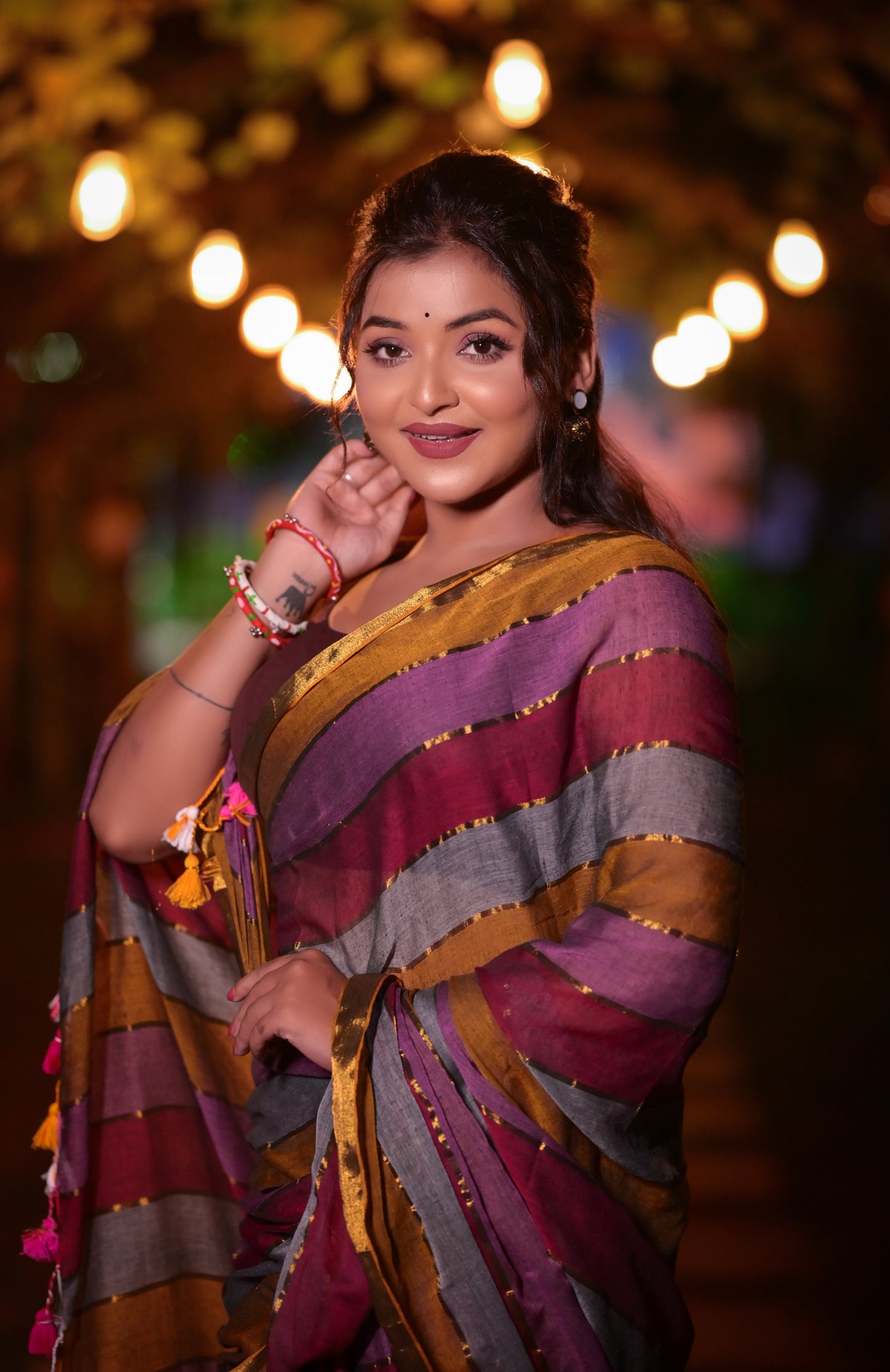 Handwoven Multicolor Striped Mull Cotton Saree with Golden Border – Lightweight Ethnic Wear