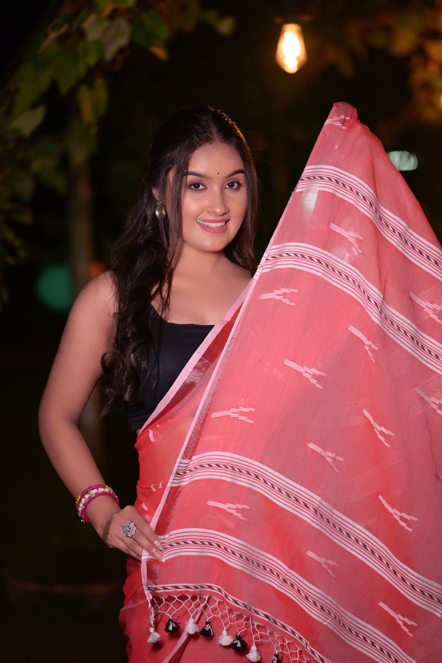 Handwoven Red Khadi Cotton Saree with White Ikat Motifs