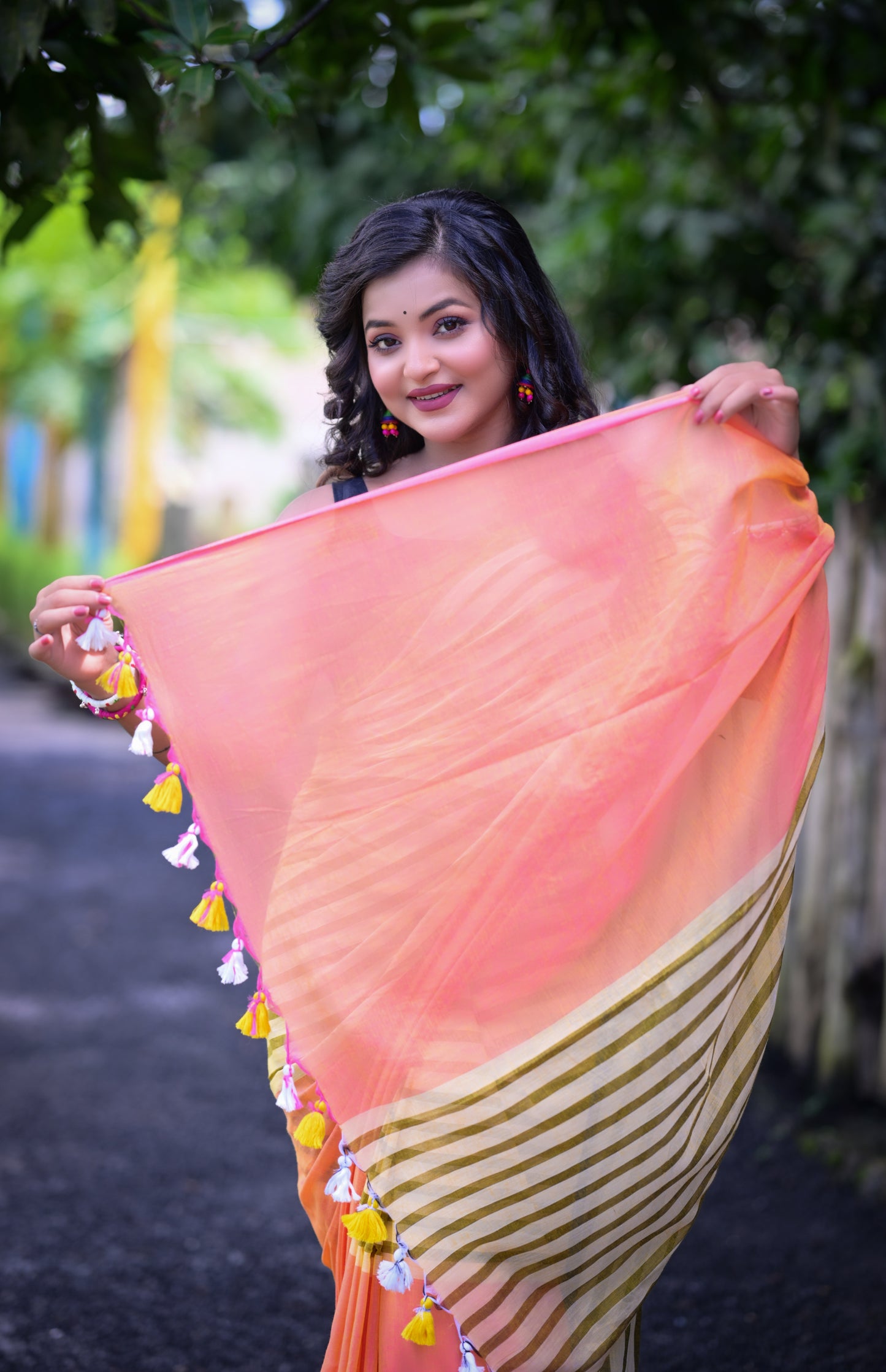 Olive Green Striped & Peach Mull Cotton Saree – Lightweight & Soft