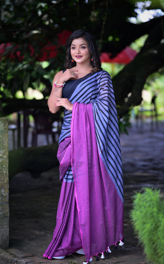 Black & Purple Mull Cotton Saree – Elegant Striped Design