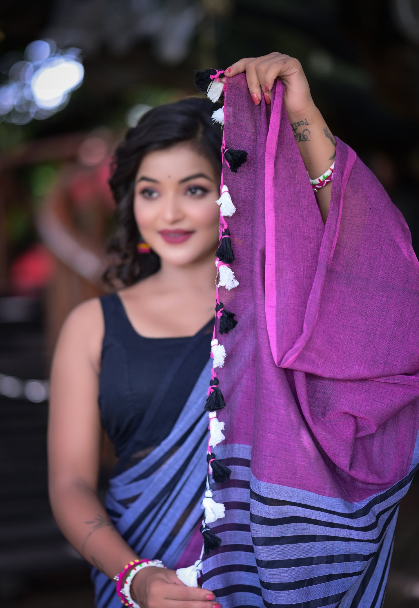 Black & Purple Mull Cotton Saree – Elegant Striped Design