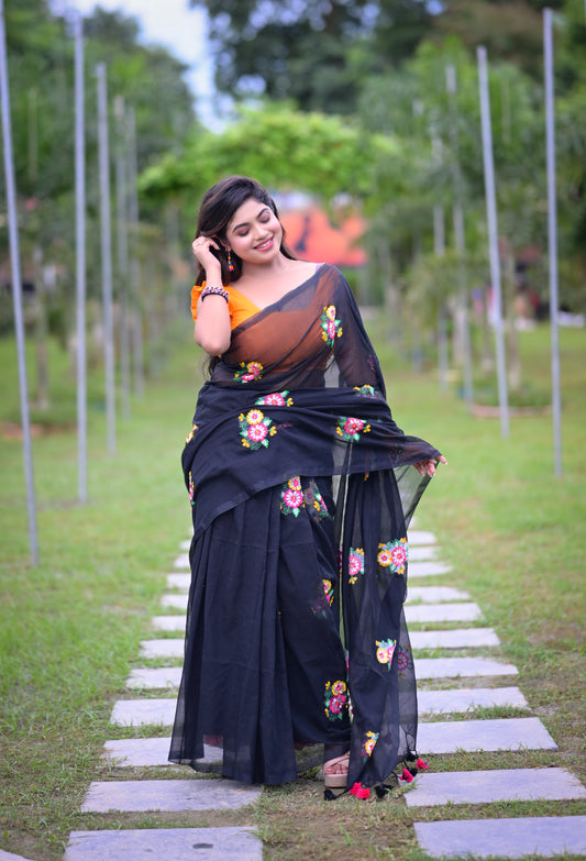 Black Floral Embroidered Mull Cotton Saree (Blouse Not Included)