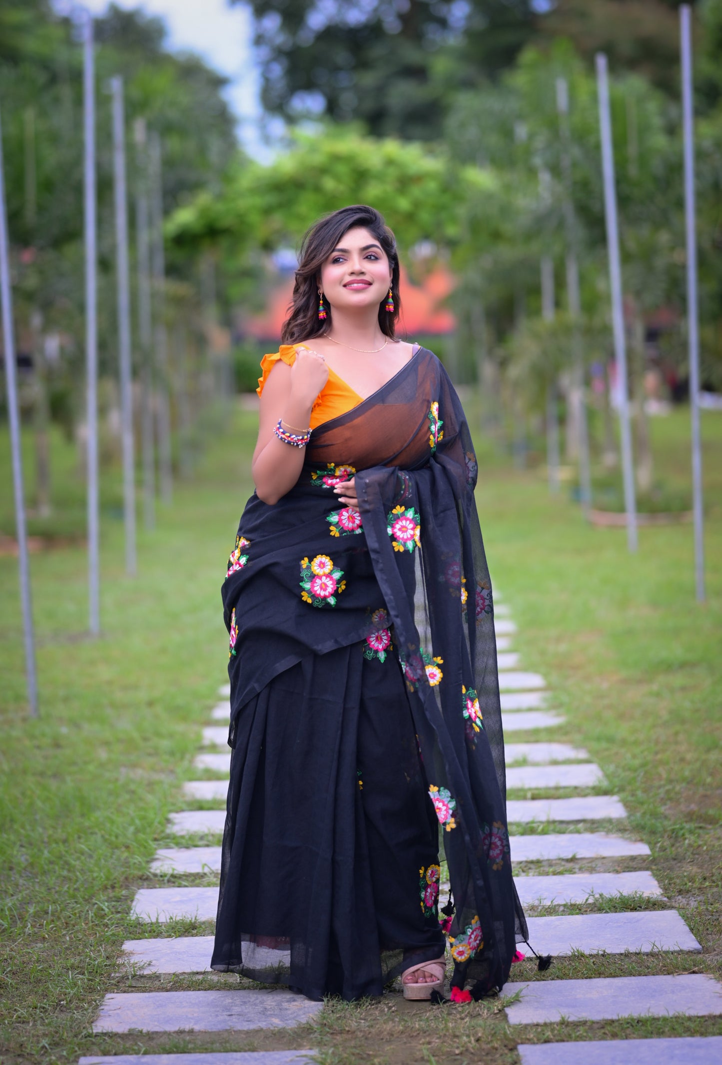 Black Floral Embroidered Mull Cotton Saree (Blouse Not Included)