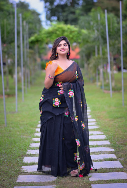 Black Floral Embroidered Mull Cotton Saree (Blouse Not Included)