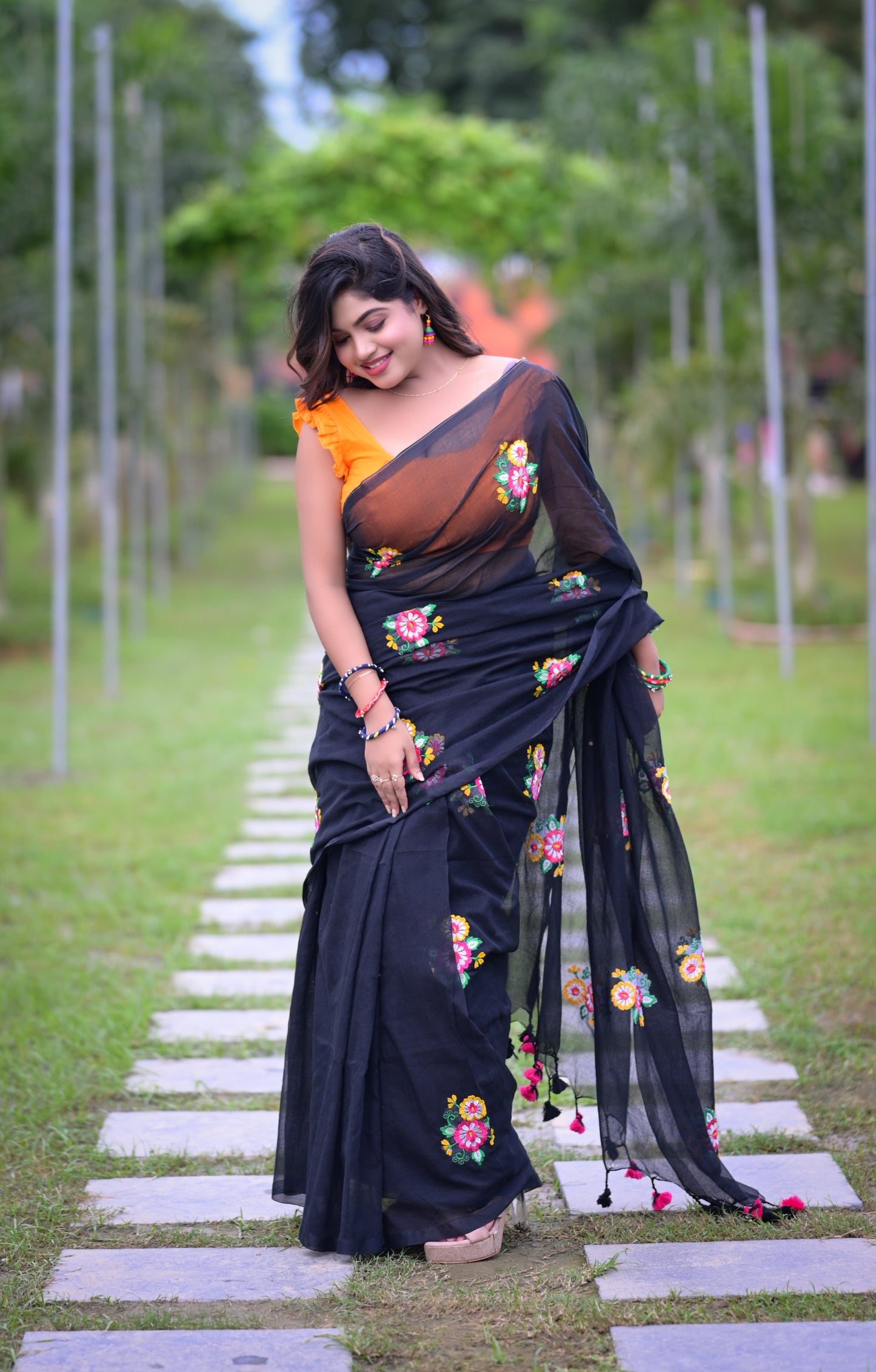 Black Floral Embroidered Mull Cotton Saree (Blouse Not Included)