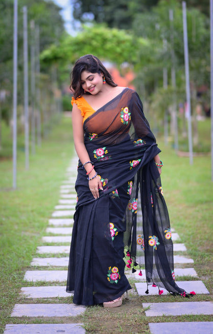 Black Floral Embroidered Mull Cotton Saree (Blouse Not Included)