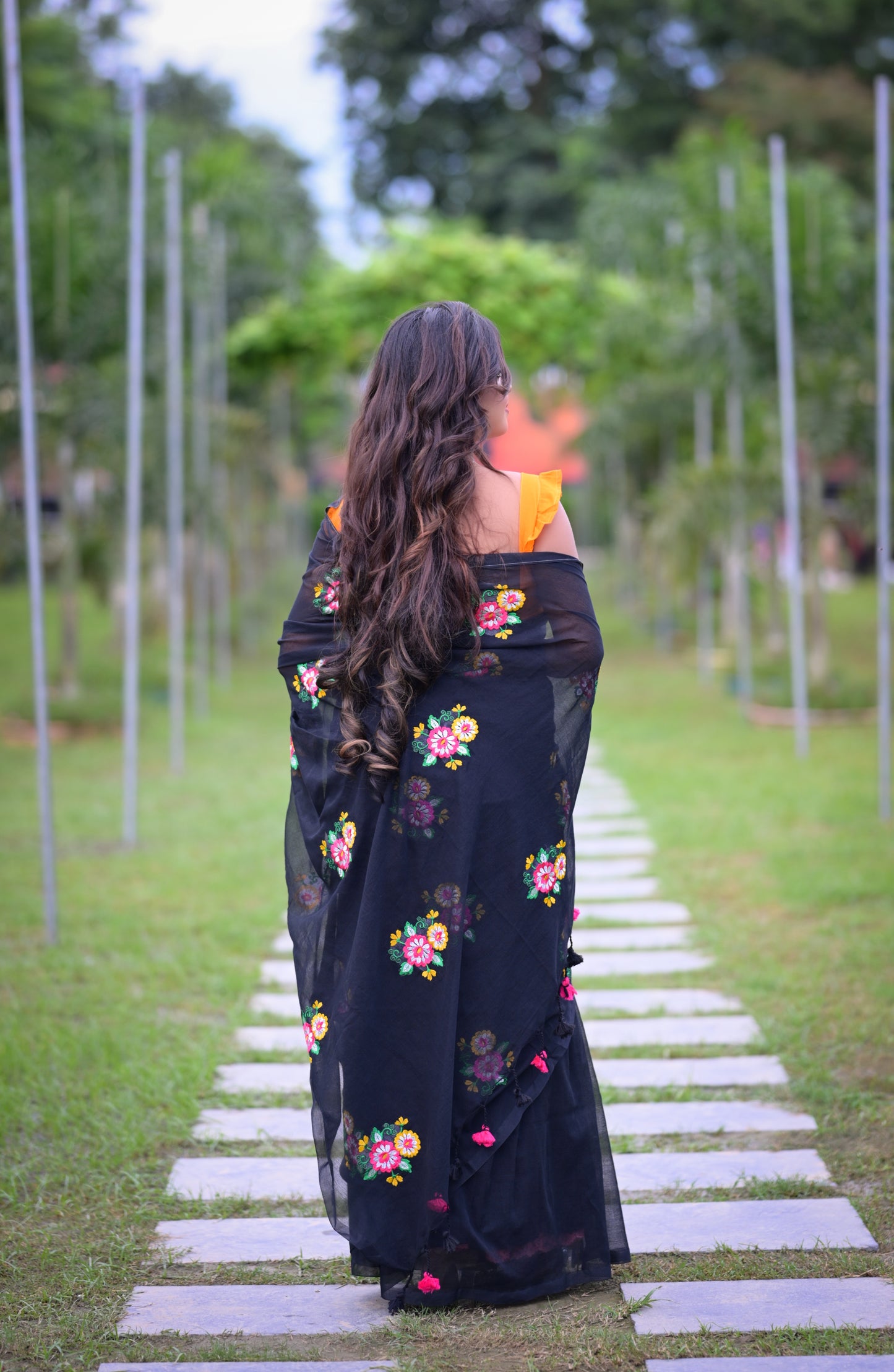 Black Floral Embroidered Mull Cotton Saree (Blouse Not Included)
