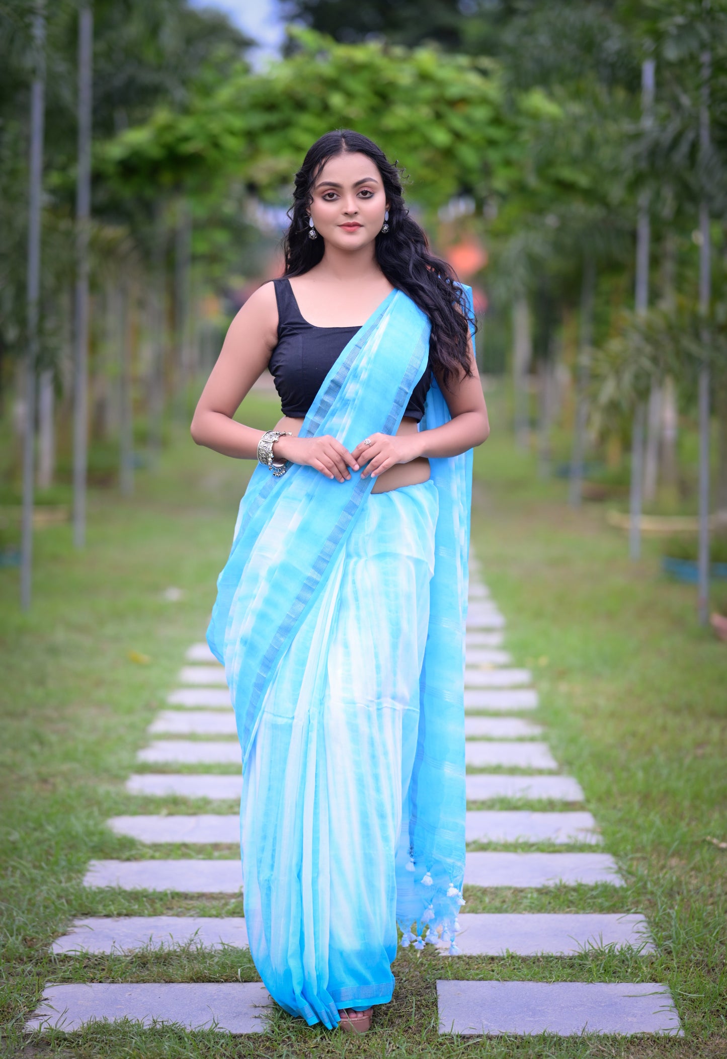 Sky Blue Tie-Dye Mull Cotton Saree with Matching Blouse