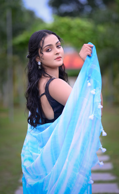 Sky Blue Tie-Dye Mull Cotton Saree with Matching Blouse