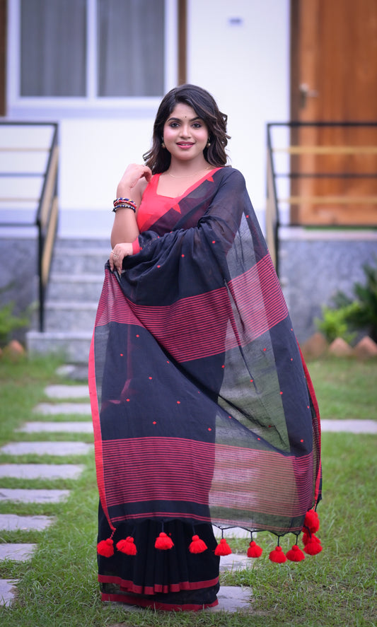 Elegant Black Cotton Saree with Red Detailing and Matching Blouse Piece