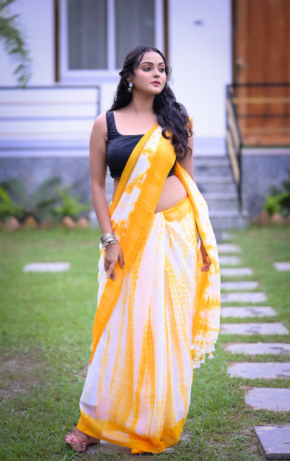 Sunshine Yellow & White Tie-Dye Mull Cotton Saree with Blouse