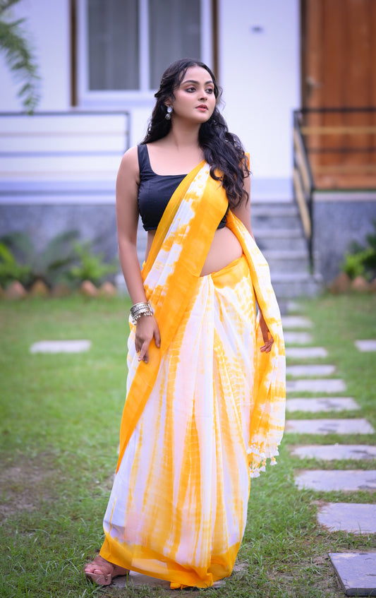 Sunshine Yellow & White Tie-Dye Mull Cotton Saree with Blouse