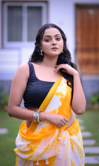 Sunshine Yellow & White Tie-Dye Mull Cotton Saree with Blouse