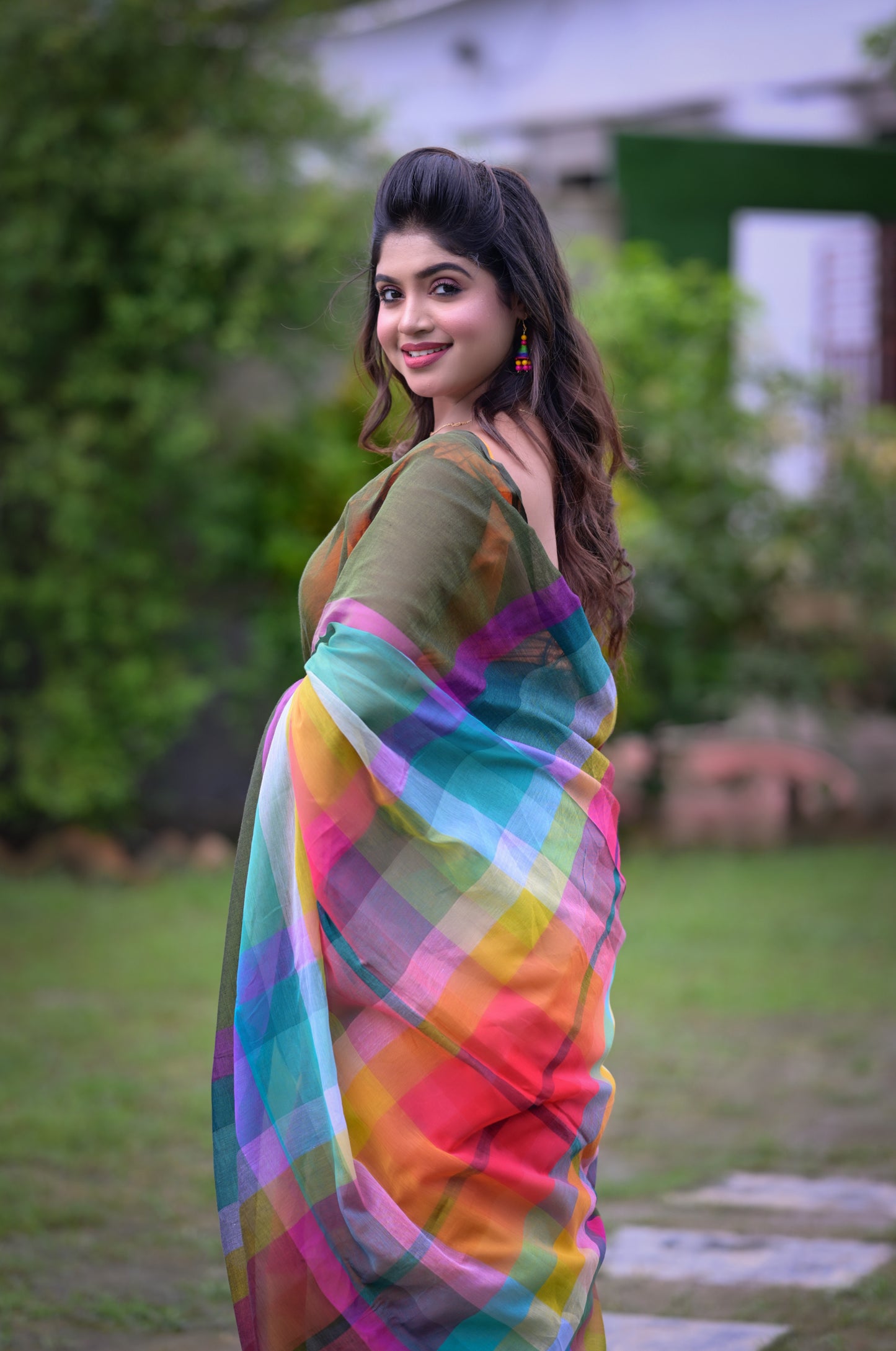 Vibrant Multicolor Striped Mull Cotton Saree with Tassel Detailing | Blouse Piece Not Included