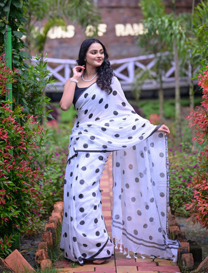 Classic White Mull Cotton Saree with Black Polka Dots – Blouse Not Included