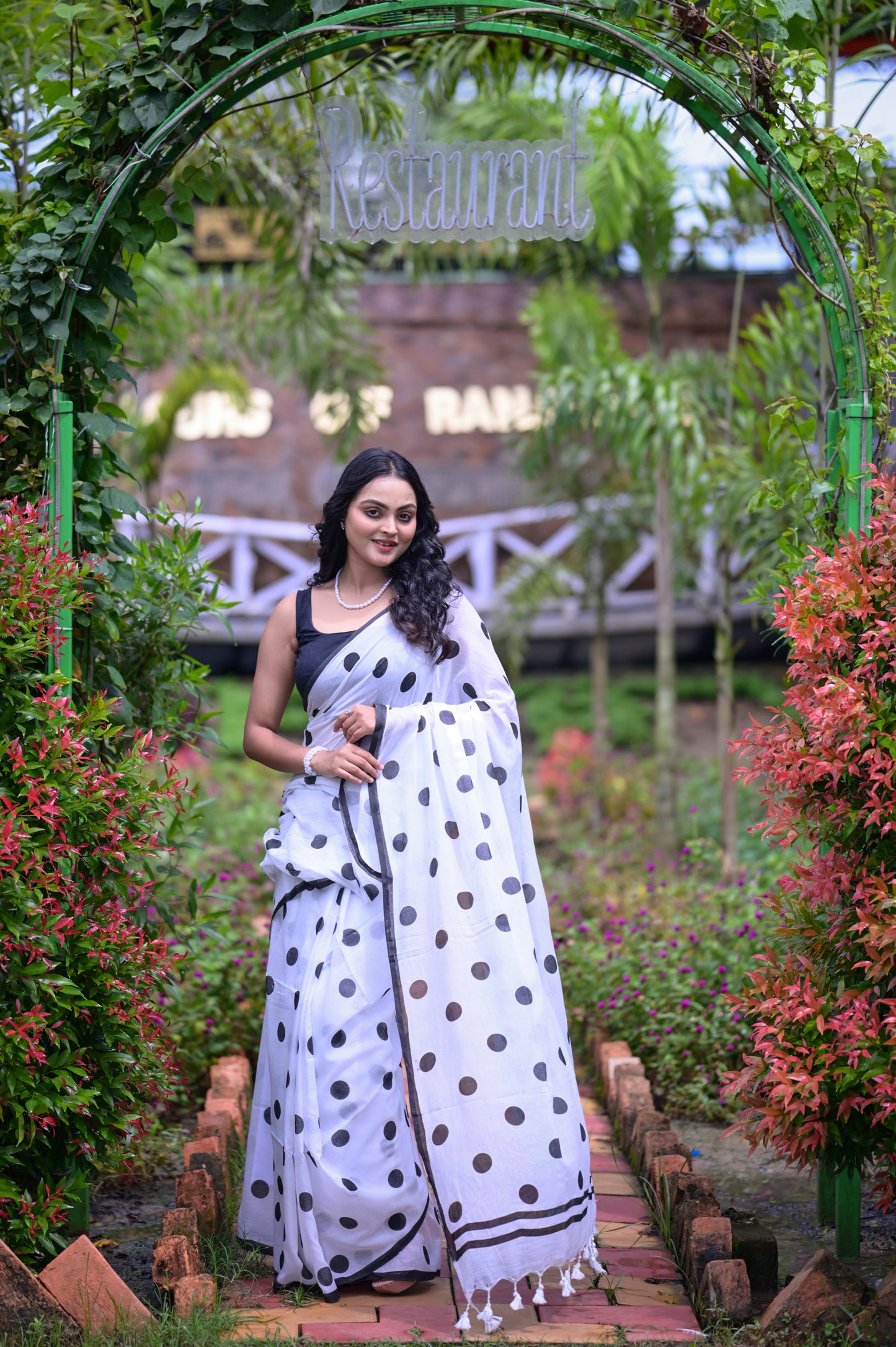 Classic White Mull Cotton Saree with Black Polka Dots – Blouse Not Included