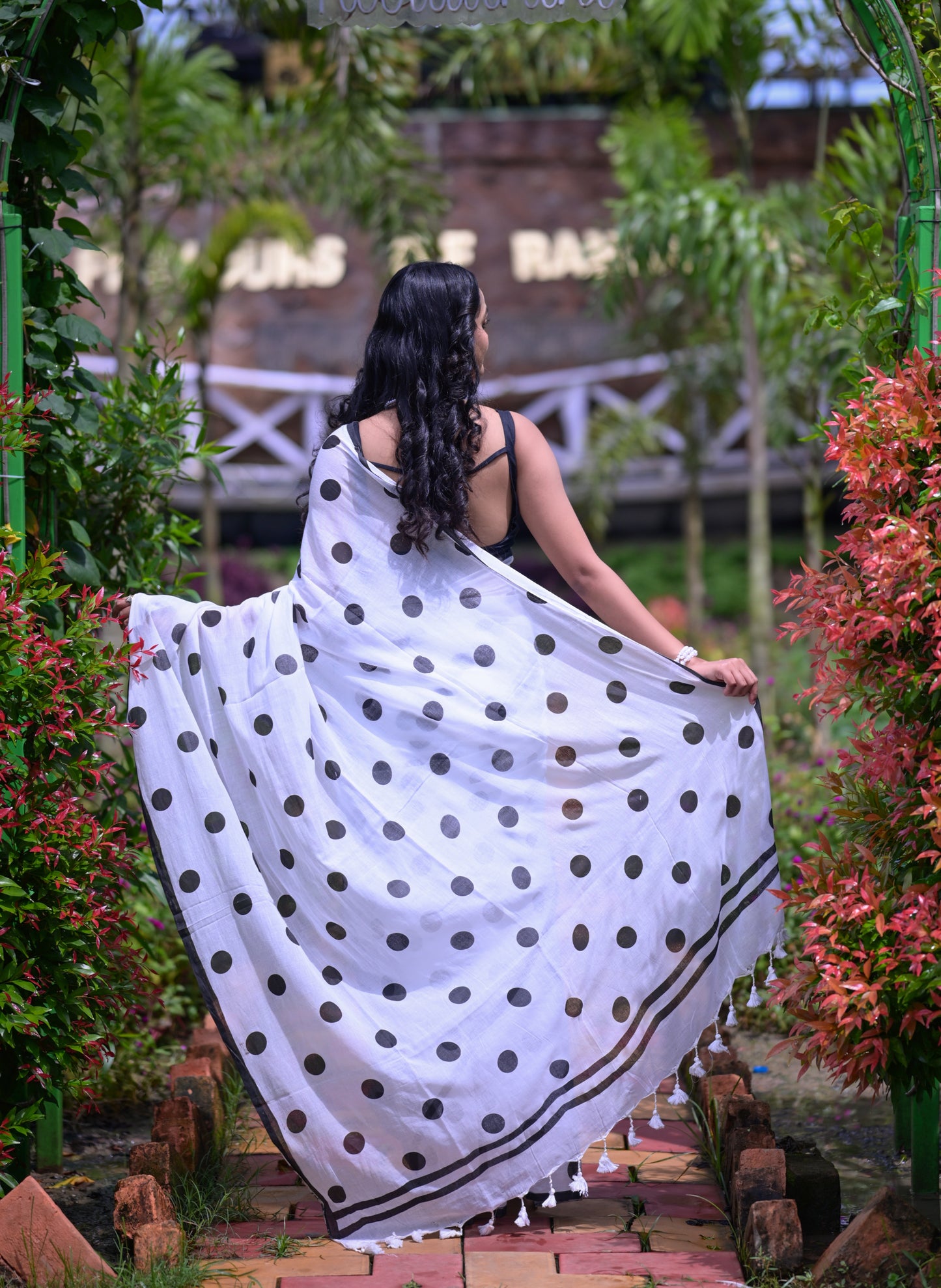 Classic White Mull Cotton Saree with Black Polka Dots – Blouse Not Included