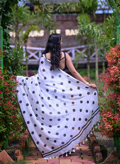 Classic White Mull Cotton Saree with Black Polka Dots – Blouse Not Included