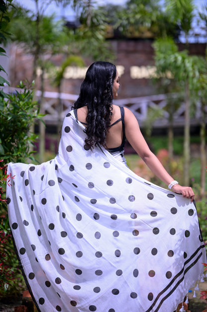 Classic White Mull Cotton Saree with Black Polka Dots – Blouse Not Included