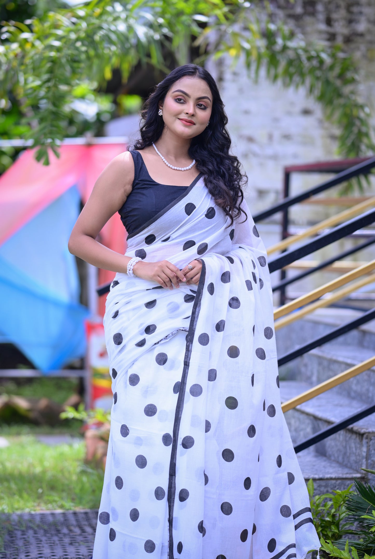 Classic White Mull Cotton Saree with Black Polka Dots – Blouse Not Included