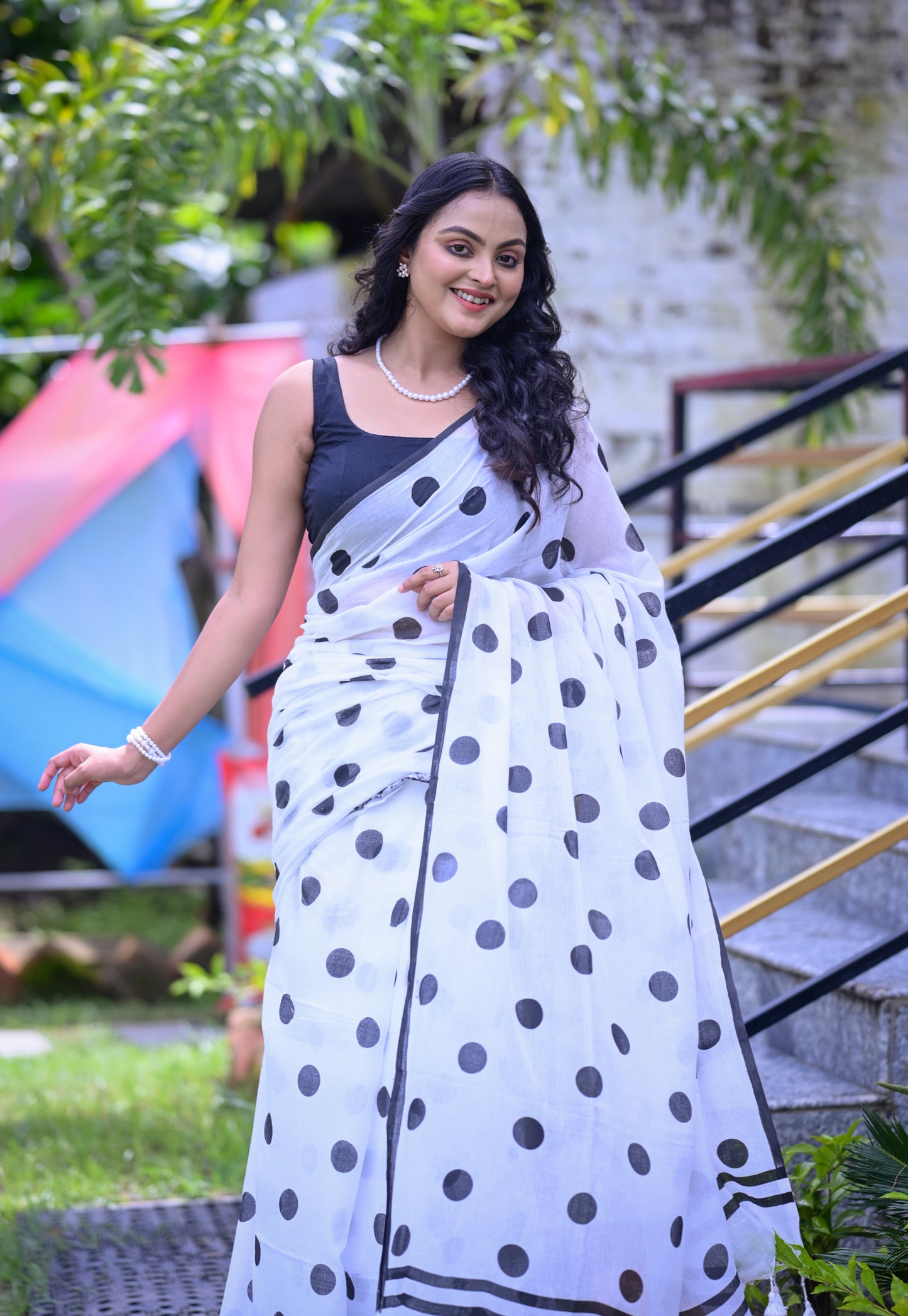 Classic White Mull Cotton Saree with Black Polka Dots – Blouse Not Included