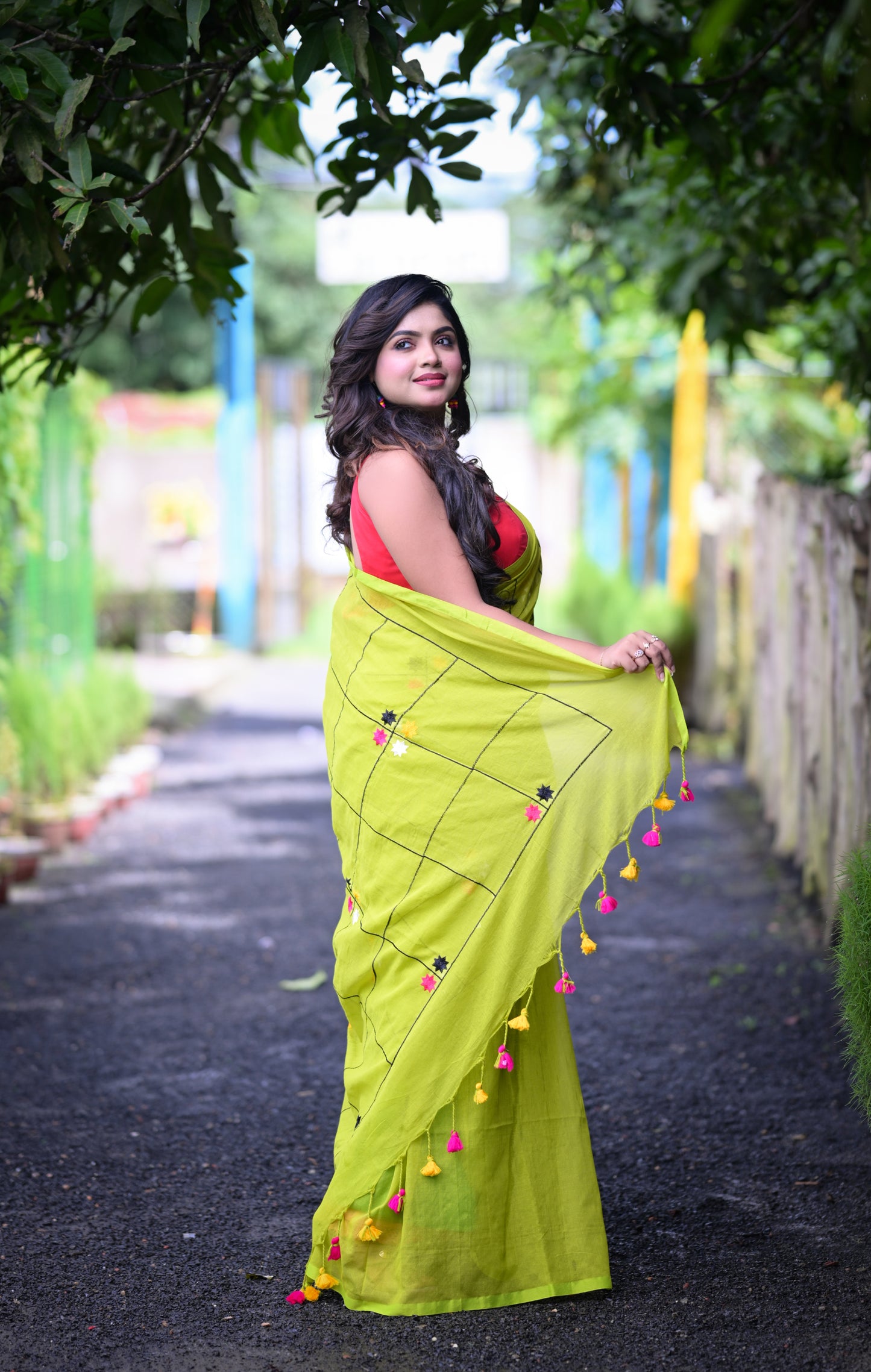 Bright Pink Mull Cotton Saree with Embroidered Floral Accents | Blouse Piece Not Included