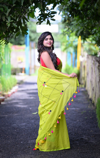 Bright Pink Mull Cotton Saree with Embroidered Floral Accents | Blouse Piece Not Included