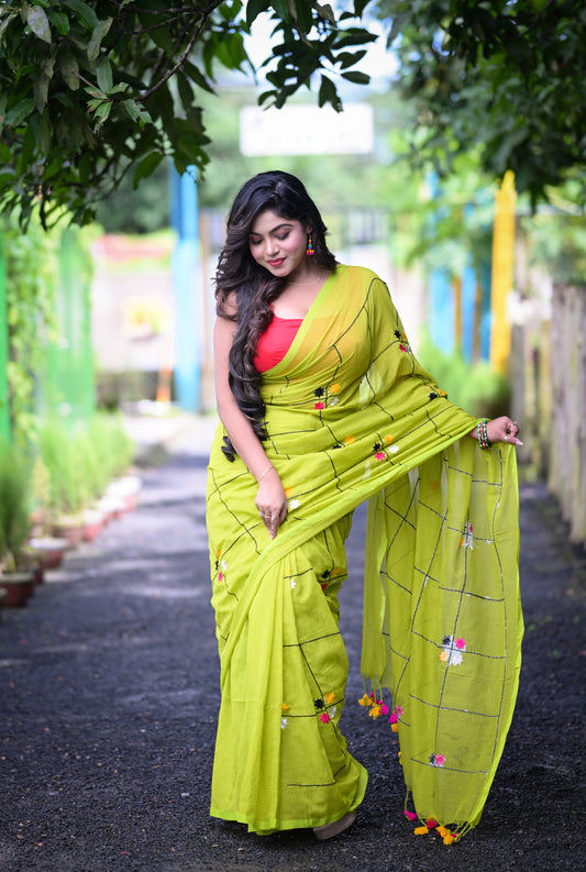 Elegant Lime Green Mull Cotton Saree with Handwoven Detailing | Blouse Piece Not Included