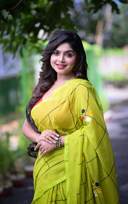 Bright Pink Mull Cotton Saree with Embroidered Floral Accents | Blouse Piece Not Included