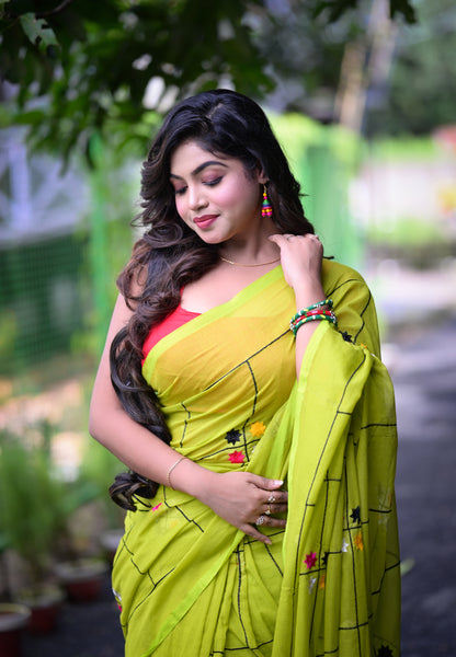 Bright Pink Mull Cotton Saree with Embroidered Floral Accents | Blouse Piece Not Included