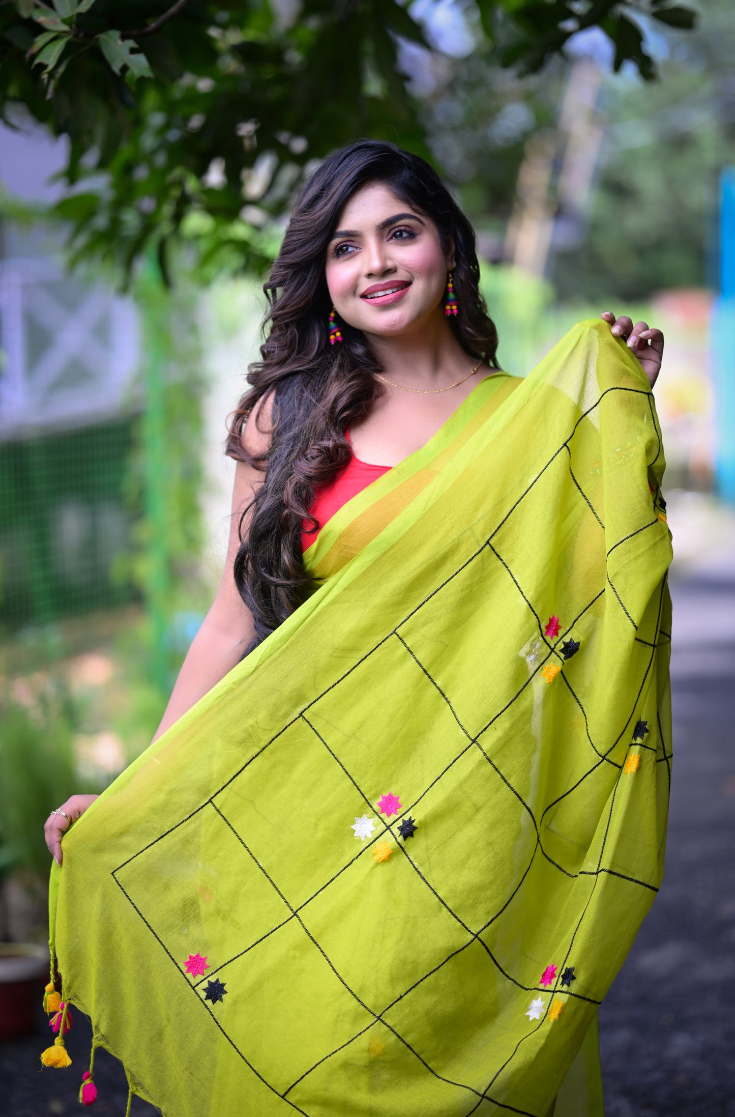 Bright Pink Mull Cotton Saree with Embroidered Floral Accents | Blouse Piece Not Included
