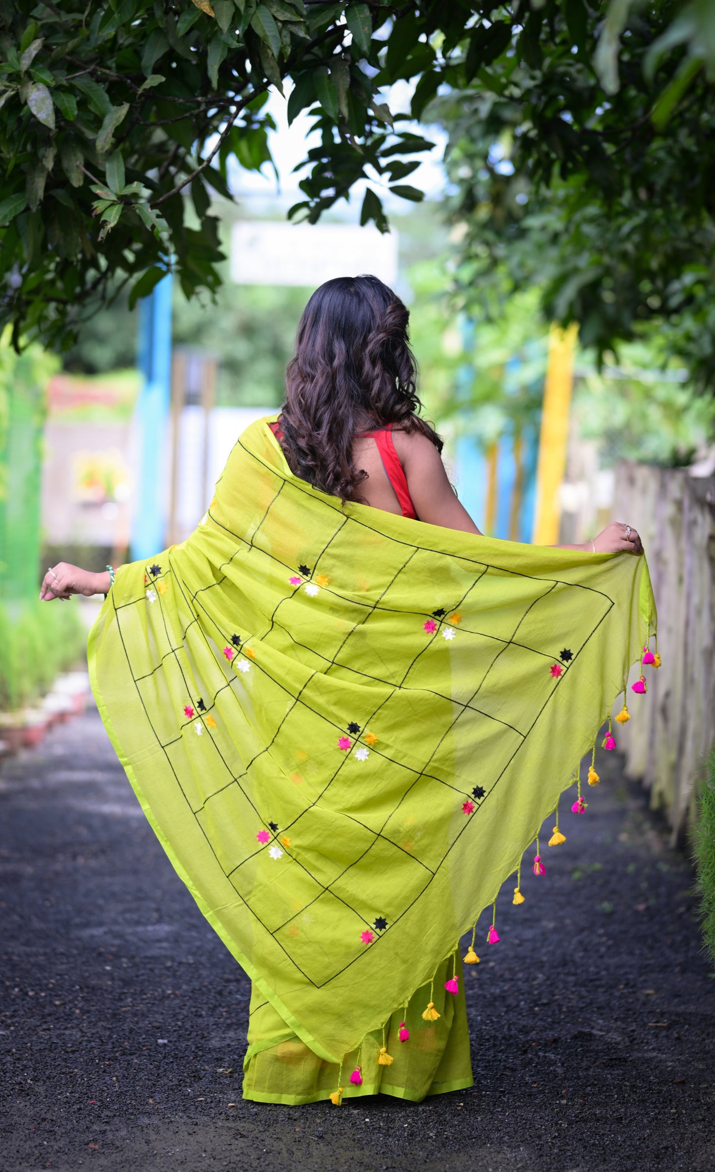 Bright Pink Mull Cotton Saree with Embroidered Floral Accents | Blouse Piece Not Included