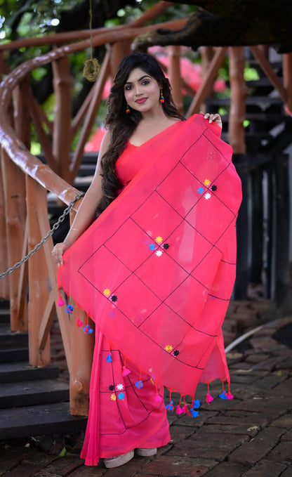 Bright Pink Mull Cotton Saree with Embroidered Floral Accents | Blouse Piece Not Included