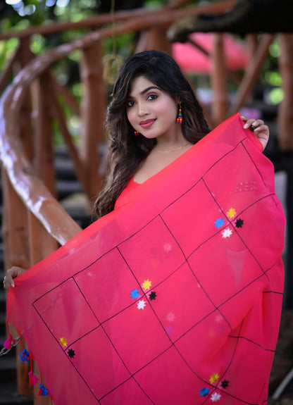 Bright Pink Mull Cotton Saree with Embroidered Floral Accents | Blouse Piece Not Included