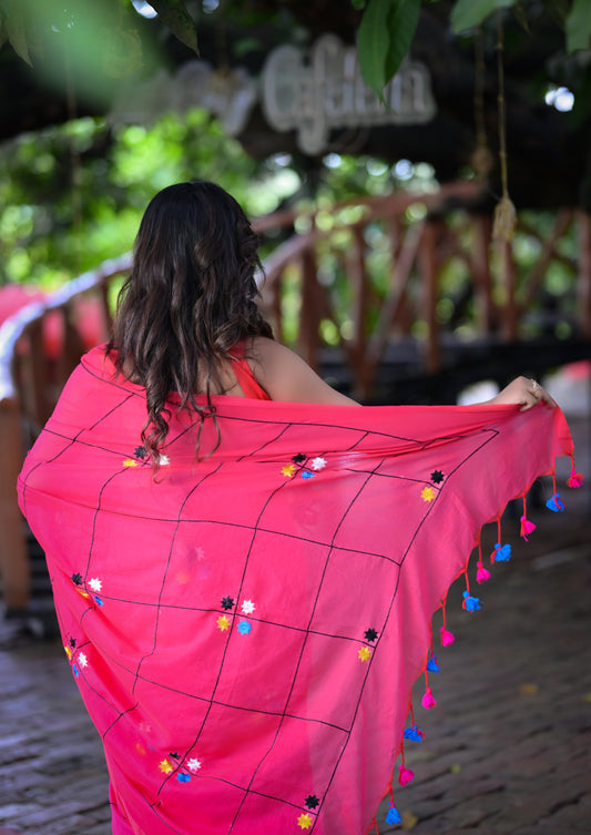 Bright Pink Mull Cotton Saree with Embroidered Floral Accents | Blouse Piece Not Included