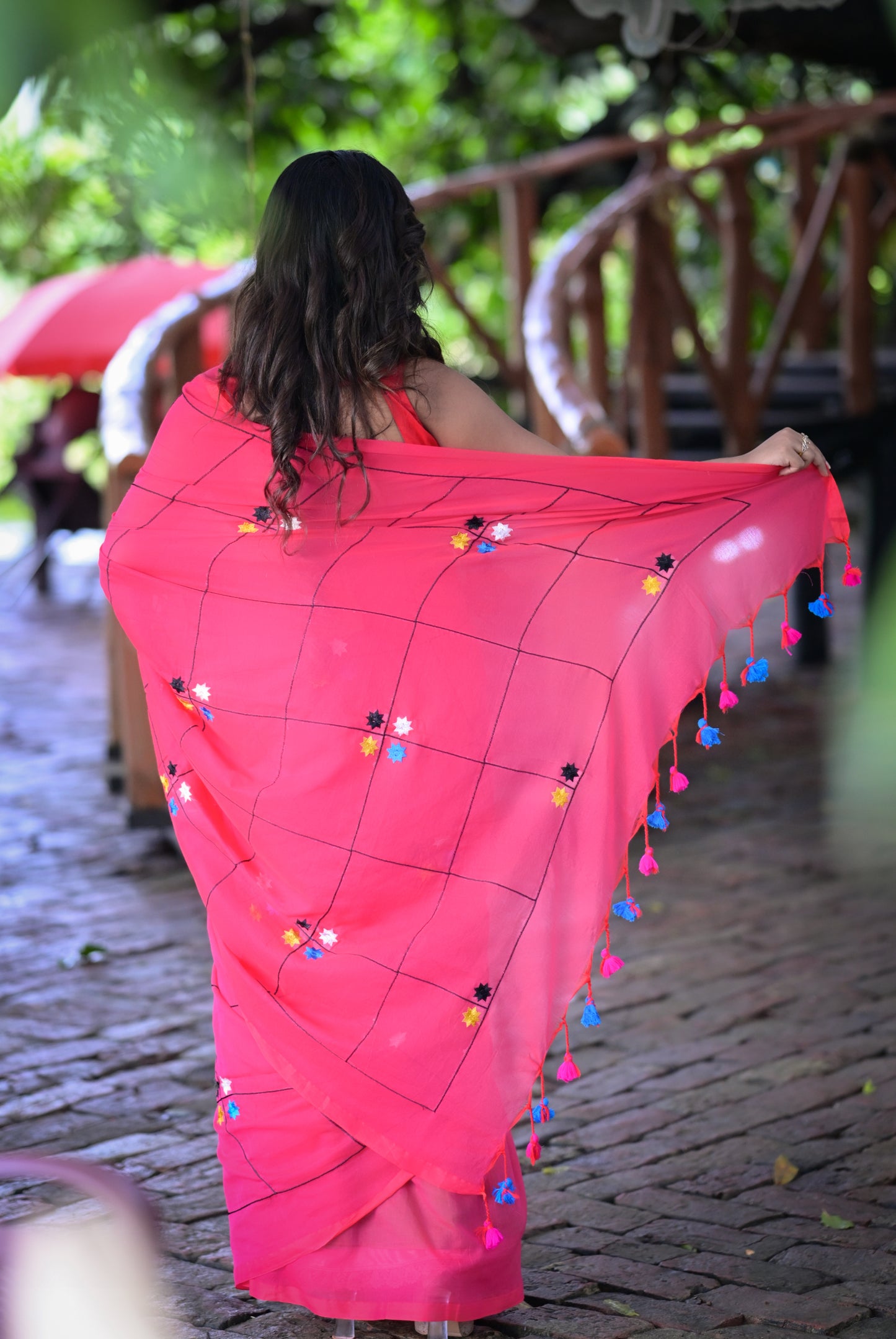 Bright Pink Mull Cotton Saree with Embroidered Floral Accents | Blouse Piece Not Included