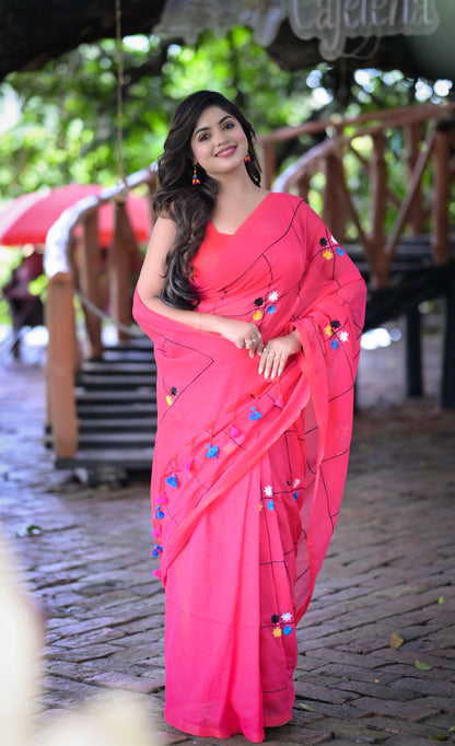 Bright Pink Mull Cotton Saree with Embroidered Floral Accents | Blouse Piece Not Included