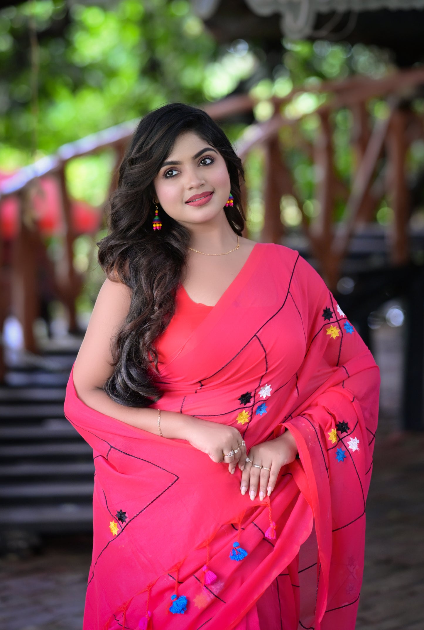 Bright Pink Mull Cotton Saree with Embroidered Floral Accents | Blouse Piece Not Included